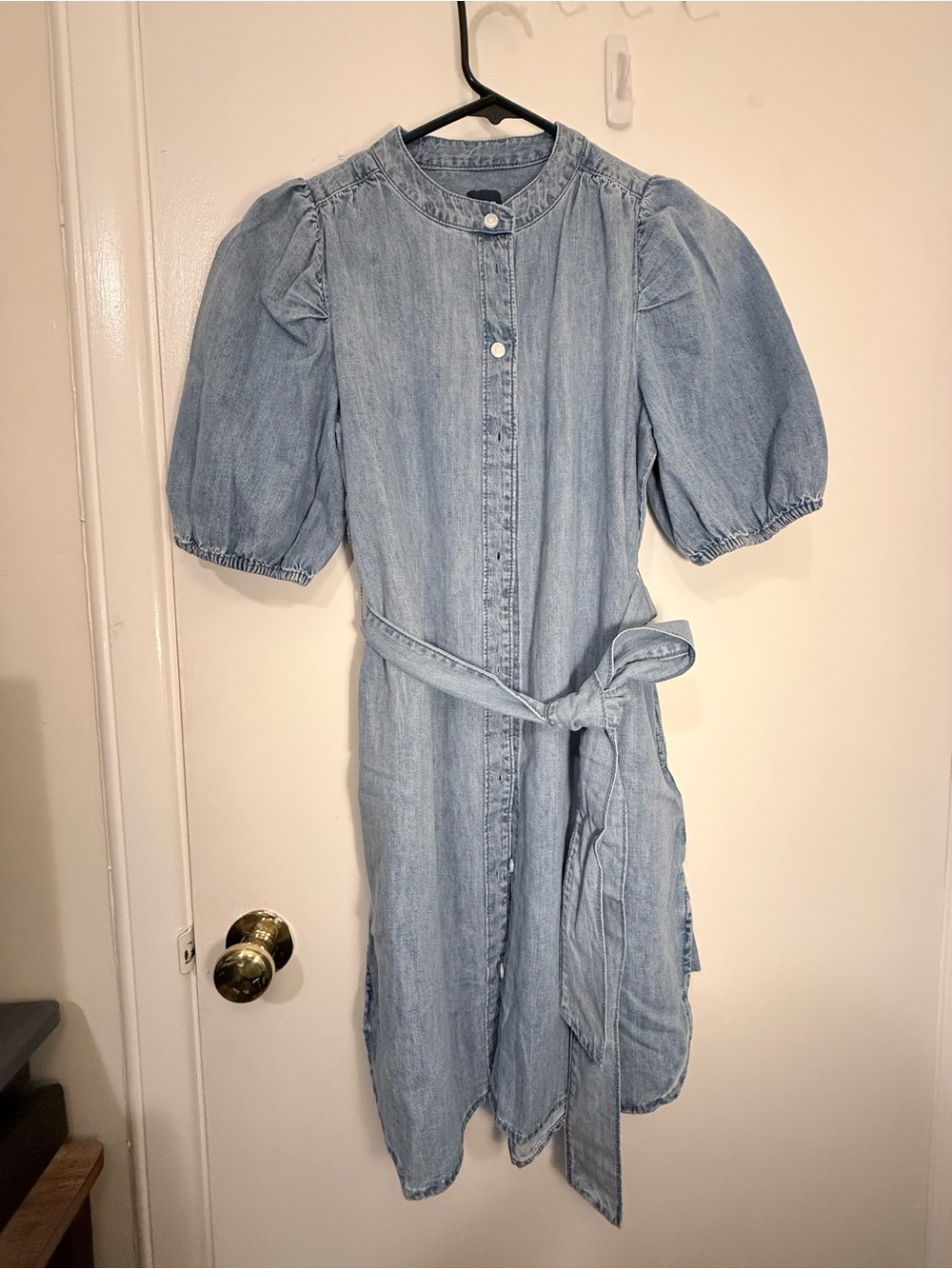 GAP Light Blue Denim Midi Dress with Puff Sleeves